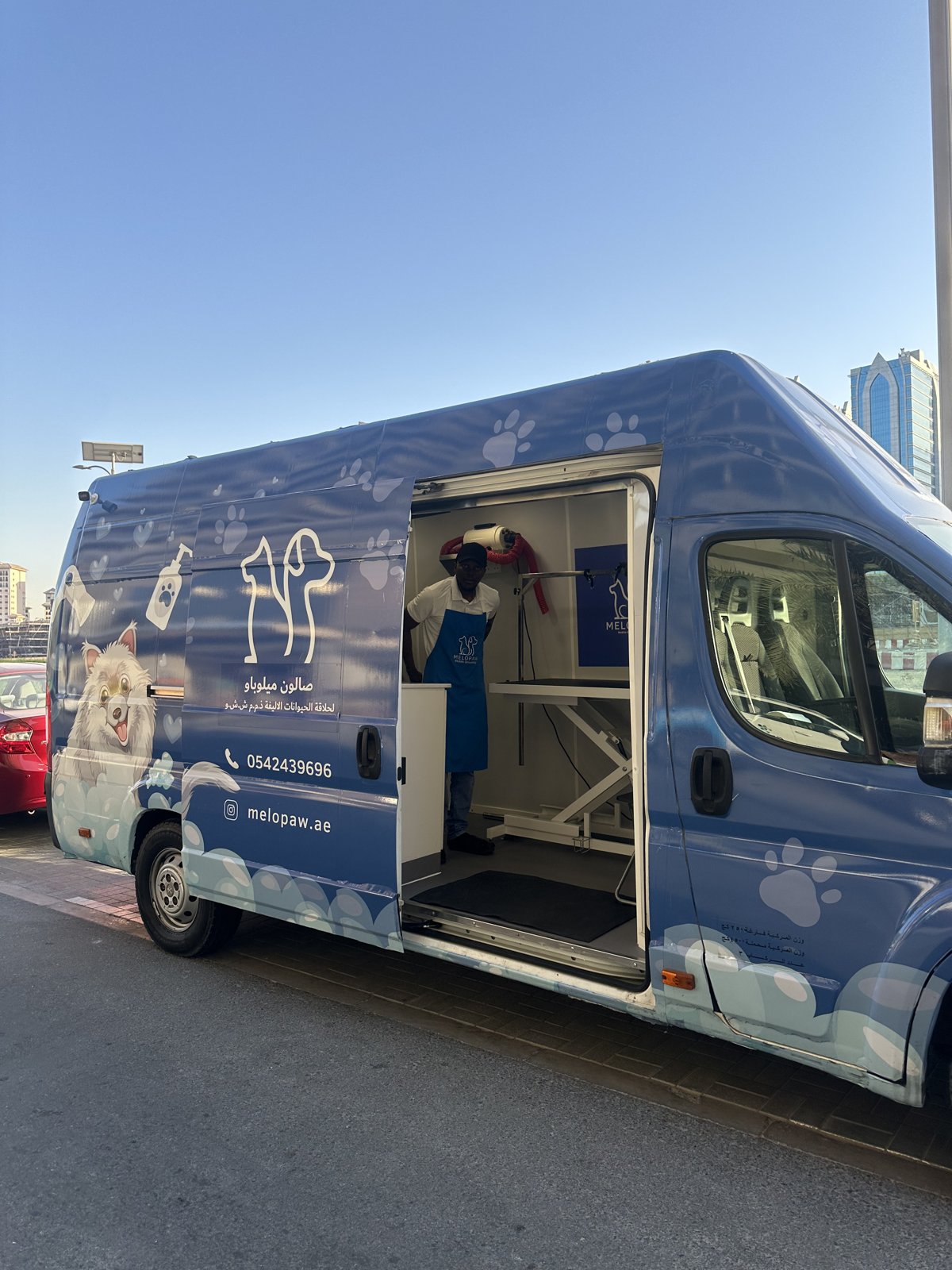 The Melopaw mobile grooming van parked and ready for a session